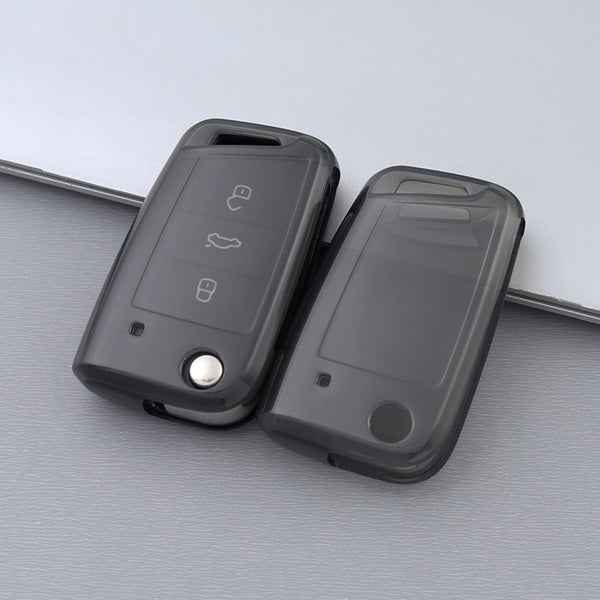 JVCV® Soft TPU Transparent Cover Compatible with Skoda Kushaq Taigun Tiguan Virtus Octavia Kodiaq Superb Folding Key (Transparent Black)