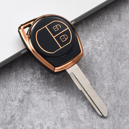 JVCV® Gold Border TPU Key Cover – Compatible with Swift, Ertiga, WagonR, Celerio, Dzire, Alto, Eeco, Brezza, S-Presso, Ignis – 2 Button Remote Key