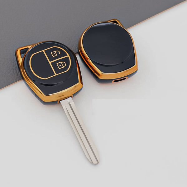 JVCV® Gold Border TPU Key Cover – Compatible with Swift, Ertiga, WagonR, Celerio, Dzire, Alto, Eeco, Brezza, S-Presso, Ignis – 2 Button Remote Key