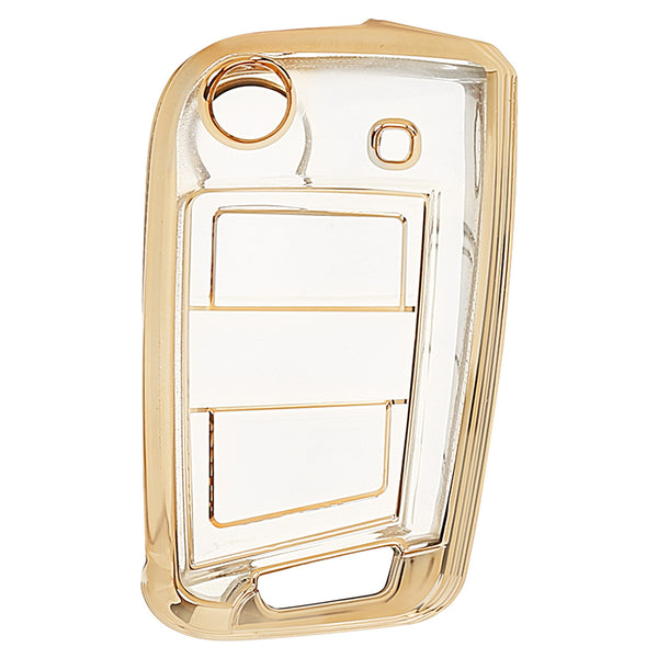 JVCV® Soft TPU Transparent Key Cover Compatible with Skoda Kushaq, Taigun, Tiguan, Virtus, Octavia, Kodiaq, Superb | Premium Transparent Gold Folding Key Case | Scratch-Resistant, Lightweight, Durable