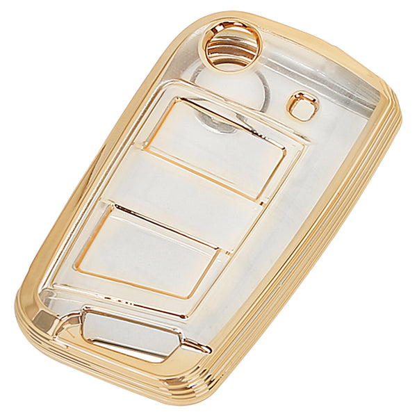 JVCV® Soft TPU Transparent Key Cover Compatible with Skoda Kushaq, Taigun, Tiguan, Virtus, Octavia, Kodiaq, Superb | Premium Transparent Gold Folding Key Case | Scratch-Resistant, Lightweight, Durable