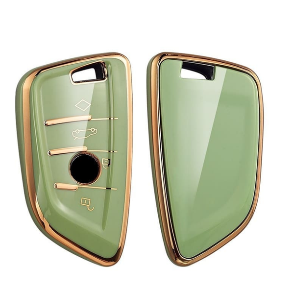 JVCV® Gold Border TPU Key Cover Compatible with BMW X1 X3 X5 X6 5 Series 6 Series 7 Series 3/4 Button Blade Smart Key – Glossy Protective Key Case