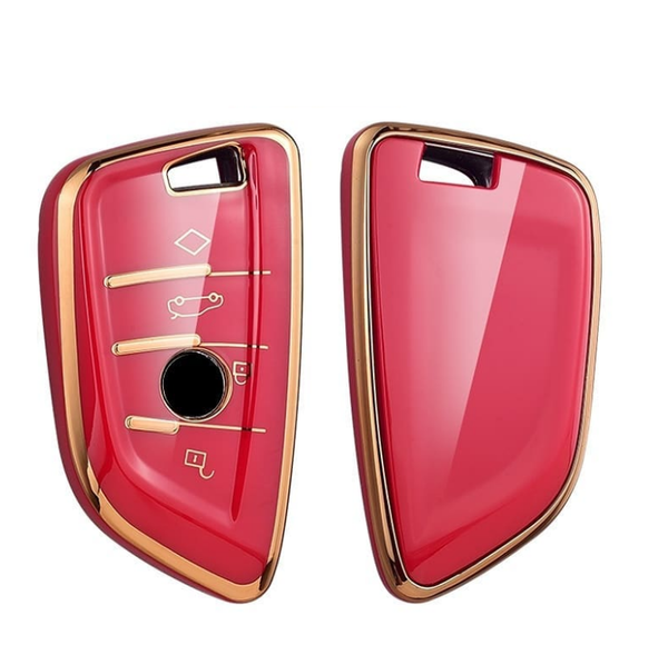 JVCV® Gold Border TPU Key Cover Compatible with BMW X1 X3 X5 X6 5 Series 6 Series 7 Series 3/4 Button Blade Smart Key – Glossy Protective Key Case