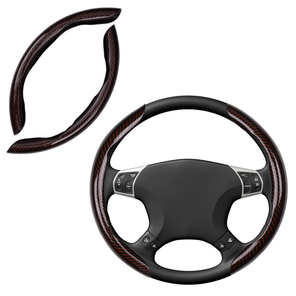 JVCV® 2‑Piece High‑Gloss Carbon Fiber Texture Steering Wheel Cover – Universal Fit (14.5–16″) + Anti‑Slip Grip Pads