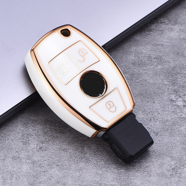 JVCV® Gold Border TPU Key Cover – Compatible with Mercedes-Benz C-Class, E-Class, S-Class, M-Class, CLS, CLK & G-Class – 3 Button Smart Key