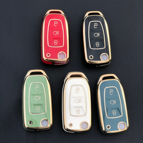 JVCV® Gold Border TPU Key Cover – Compatible with Tata Curvv, Tiago, Tigor, Punch, Hexa, Nexon, Zest, Bolt, Safari Storme – Flip Key