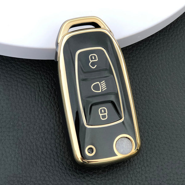 JVCV® Gold Border TPU Key Cover – Compatible with Tata Curvv, Tiago, Tigor, Punch, Hexa, Nexon, Zest, Bolt, Safari Storme – Flip Key