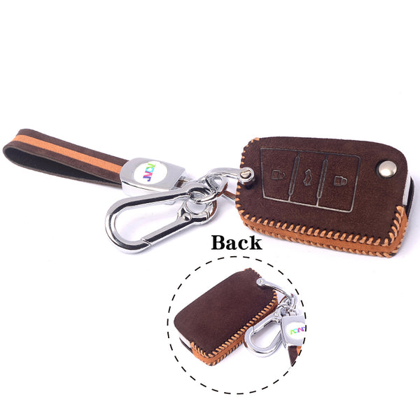 JVCV® Suede Leather Key Cover for Skoda & VW Folding Keys – Premium Protector for Kushaq, Slavia, Virtus, Octavia, Tiguan & More