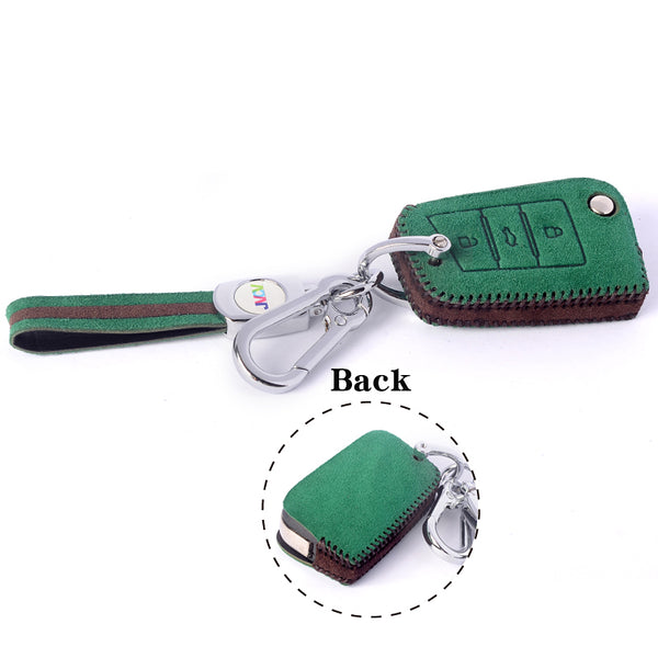 JVCV® Suede Leather Key Cover for Skoda & VW Folding Keys – Premium Protector for Kushaq, Slavia, Virtus, Octavia, Tiguan & More