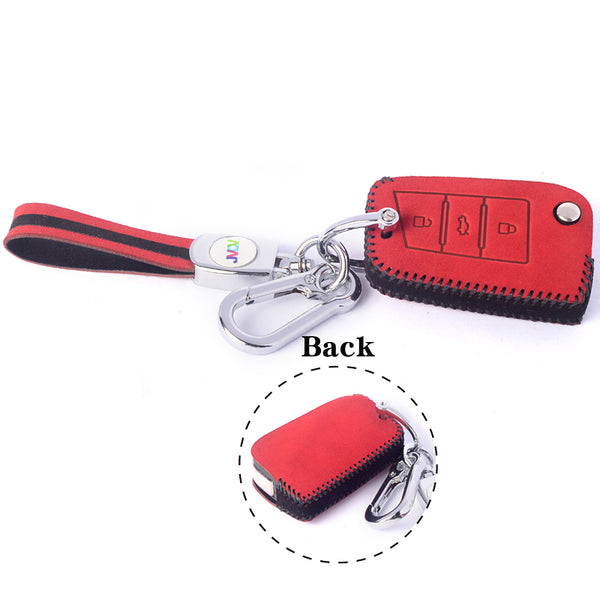 JVCV® Suede Leather Key Cover for Skoda & VW Folding Keys – Premium Protector for Kushaq, Slavia, Virtus, Octavia, Tiguan & More