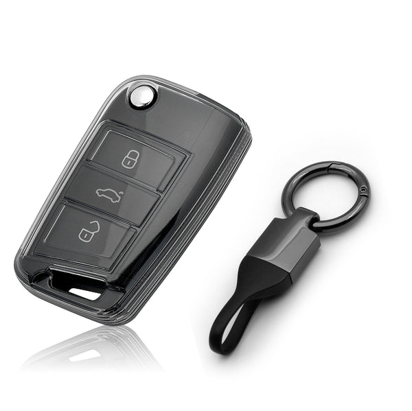 JVCV® Soft TPU Transparent Cover Compatible with Skoda Kushaq Kylaq Slavia Taigun Tiguan Virtus Octavia Kodiaq Superb Folding Key with Keychain
