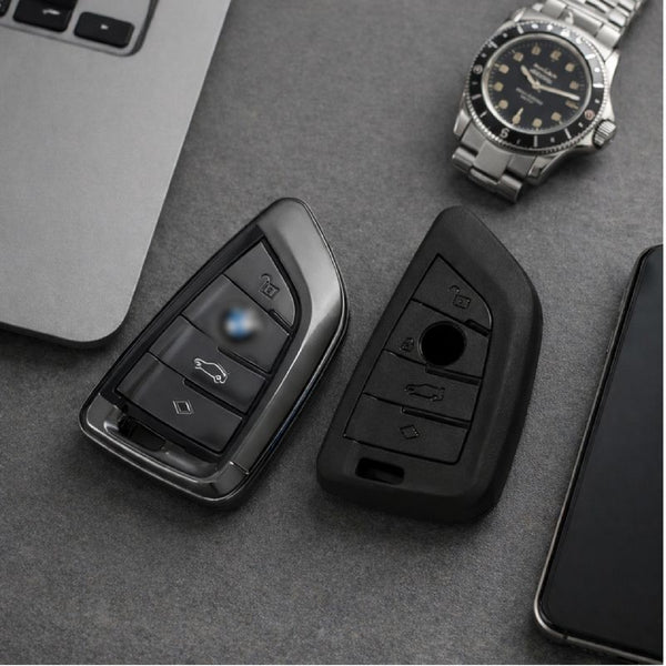 JVCV® Soft TPU Key Cover – Combo Pack (Matte Black + Transparent Black) – Compatible with BMW X1, X3, X5, X6, 5 Series, 6 Series & 7 Series – 4 Button Blade Smart Key