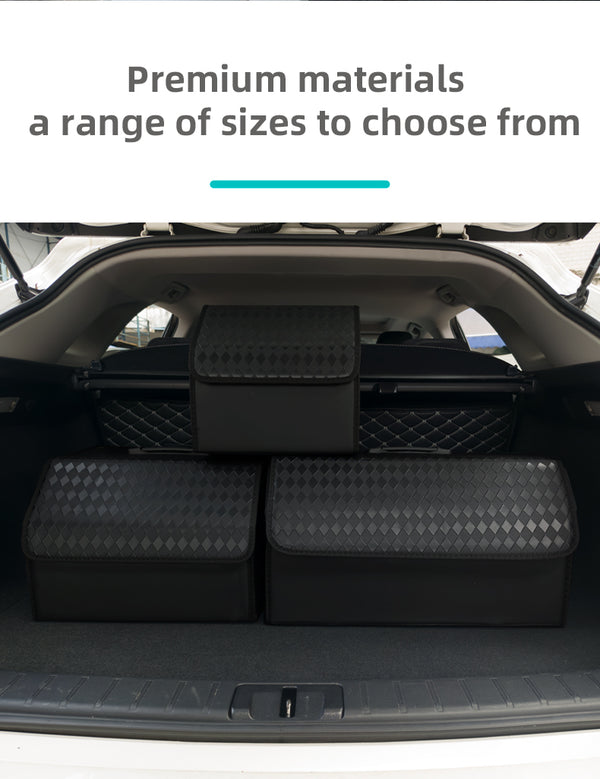 JVCV® Stylish Embossed PU Leather Car Trunk Organizer – Foldable Multipurpose Car Boot Storage Box with Handle