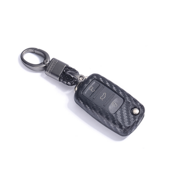 Car Styling Soft Carbon Fiber Pattern Key Cover Compatible with Volkswagen Polo Vento Jetta Ameo Passat and Skoda Rapid Laura Superb Octavia Fabia Yeti Folding Key with Keychain