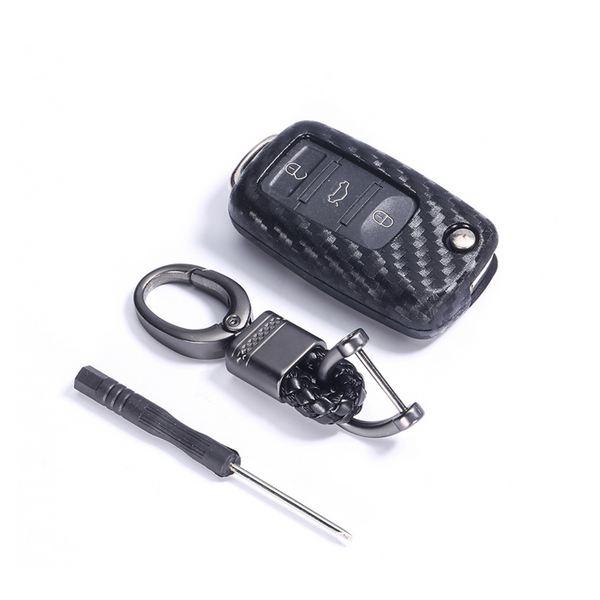 Car Styling Soft Carbon Fiber Pattern Key Cover Compatible with Volkswagen Polo Vento Jetta Ameo Passat and Skoda Rapid Laura Superb Octavia Fabia Yeti Folding Key with Keychain
