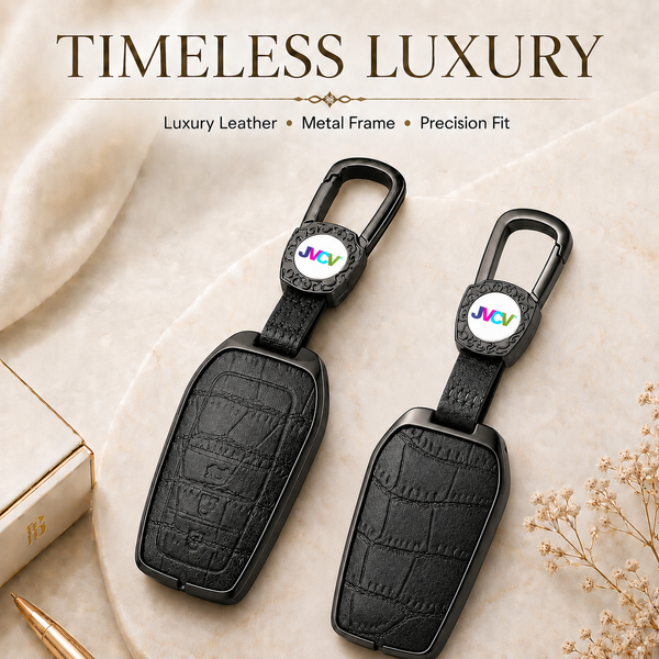 JVCV® Premium Metal & Leather Key Cover – Compatible with Toyota Fortuner, Camry, Hilux, Innova Crysta, Fortuner Legender, Innova HyCross & Land Cruiser – 3 Button Smart Key