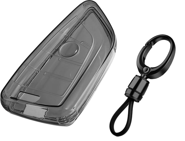 JVCV® Soft TPU Transparent Cover with keychain – BMW Blade Smart Key (Transparent Black)
