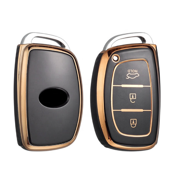 JVCV® Gold Border TPU Key Cover Compatible with Hyundai Creta, i10 Grand, i20 Elite, i20 Active, Xcent, Verna 4s, Tucson, Elantra, Grand i10 Nios 3 Button Smart Key
