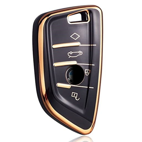 JVCV® Gold Border TPU Key Cover Compatible with BMW X1 X3 X5 X6 5 Series 6 Series 7 Series 3/4 Button Blade Smart Key – Glossy Protective Key Case