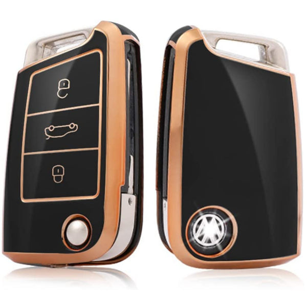 JVCV® Gold Border TPU Key Cover – Compatible with Skoda Kylaq, Slavia, Kushaq, Octavia, Kodiaq, Superb & VW Taigun, Tiguan, Virtus, T-ROC – Folding Key