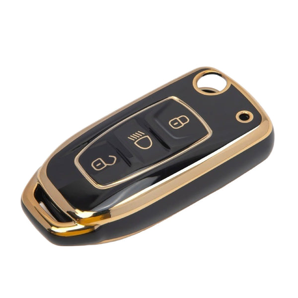 JVCV® Gold Border TPU Key Cover – Compatible with Tata Curvv, Tiago, Tigor, Punch, Hexa, Nexon, Zest, Bolt, Safari Storme – Flip Key