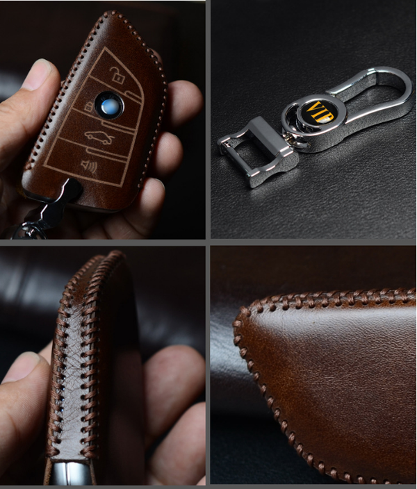 JVCV® Handmade Leather Car Key Cover – Compatible with BMW 2, 3, 5, 6, 7 Series, X1, X2, X3, X5, X6 – Blade Smart Key