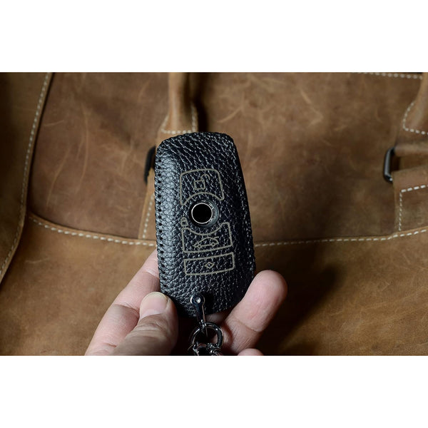 JVCV® Soft Handmade Lychee Pattern Leather Key Cover Compatible with BMW 3 Button Smart Key