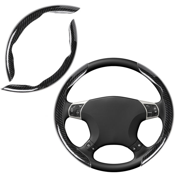 JVCV® 2‑Piece High‑Gloss Carbon Fiber Texture Steering Wheel Cover – Universal Fit (14.5–16″) + Anti‑Slip Grip Pads