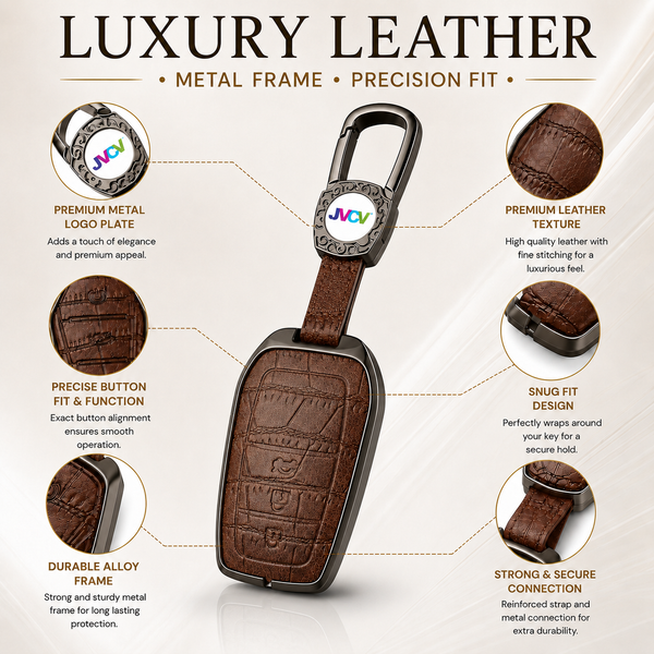 JVCV® Premium Metal & Leather Key Cover – Compatible with Toyota Fortuner, Camry, Hilux, Innova Crysta, Fortuner Legender, Innova HyCross & Land Cruiser – 3 Button Smart Key