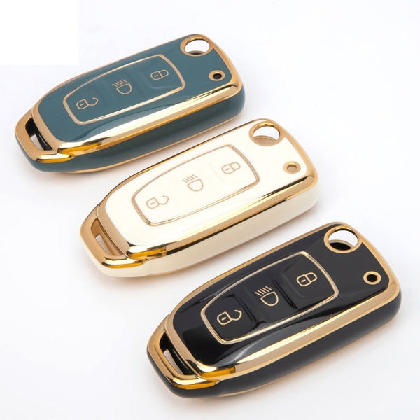 JVCV® Gold Border TPU Key Cover – Compatible with Tata Curvv, Tiago, Tigor, Punch, Hexa, Nexon, Zest, Bolt, Safari Storme – Flip Key