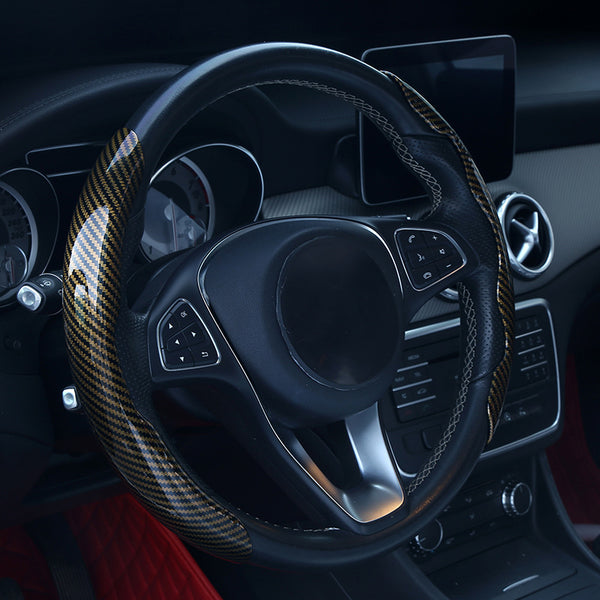 JVCV® 2‑Piece High‑Gloss Carbon Fiber Texture Steering Wheel Cover – Universal Fit (14.5–16″) + Anti‑Slip Grip Pads