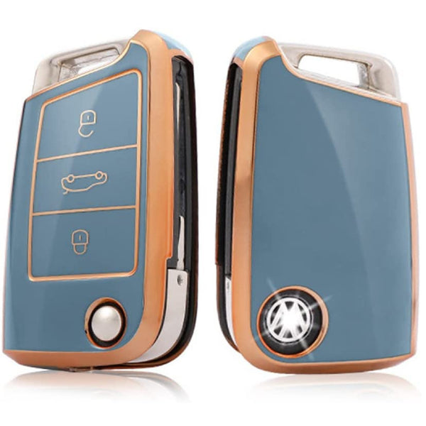 JVCV® Gold Border TPU Key Cover – Compatible with Skoda Kylaq, Slavia, Kushaq, Octavia, Kodiaq, Superb & VW Taigun, Tiguan, Virtus, T-ROC – Folding Key