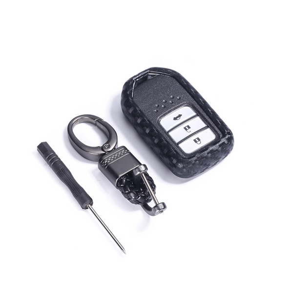 Car Styling Soft Carbon Fiber Pattern Key Cover Compatible With Honda Push Button Start Smart Key With Keychain, Black