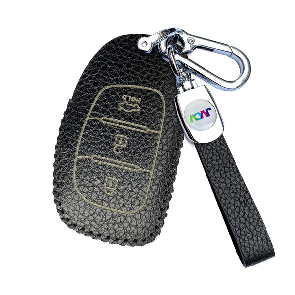 JVCV® Soft Handmade Lychee Pattern Leather Key Cover Compatible with Hyundai Creta, i10 Grand, i20 Elite, i20 Active, Xcent, Verna 4s, Tucson, Elantra, Grand i10 Nios 3 Button Smart Key