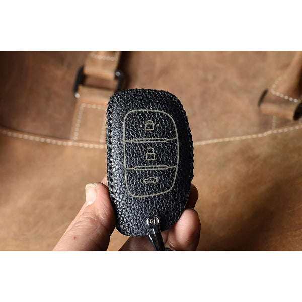 JVCV® Soft Handmade Lychee Pattern Leather Key Cover Compatible with Hyundai Creta, i10 Grand, i20 Elite, i20 Active, Xcent, Verna 4s, Tucson, Elantra, Grand i10 Nios 3 Button Smart Key