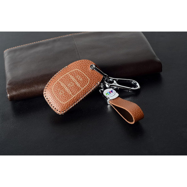 JVCV® Soft Handmade Lychee Pattern Leather Key Cover Compatible with Hyundai Creta, i10 Grand, i20 Elite, i20 Active, Xcent, Verna 4s, Tucson, Elantra, Grand i10 Nios 3 Button Smart Key