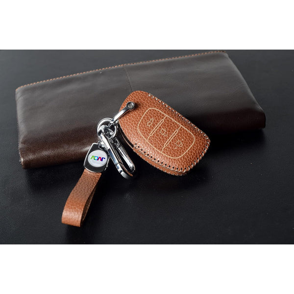 JVCV® Soft Handmade Lychee Pattern Leather Key Cover Compatible with Hyundai Creta, i10 Grand, i20 Elite, i20 Active, Xcent, Verna 4s, Tucson, Elantra, Grand i10 Nios 3 Button Smart Key