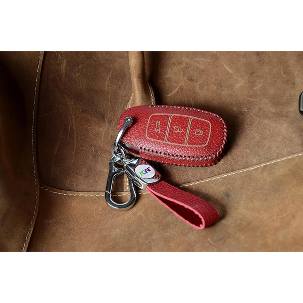 JVCV® Soft Handmade Lychee Pattern Leather Key Cover Compatible with Hyundai New Verna 3 Button Smart Key