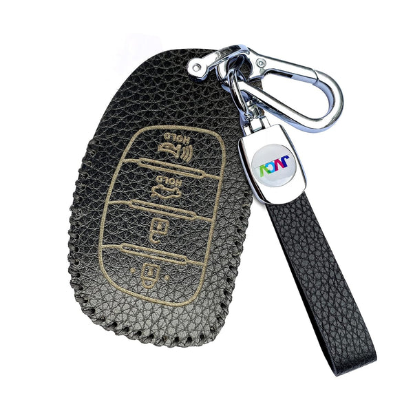 JVCV® Soft Handmade Lychee Pattern Leather Key Cover Compatible with Hyundai Alcazar Creta, i20 2021, Venue, Tucson, Elantra,i20 N Line 2021 4 Button Smart Key