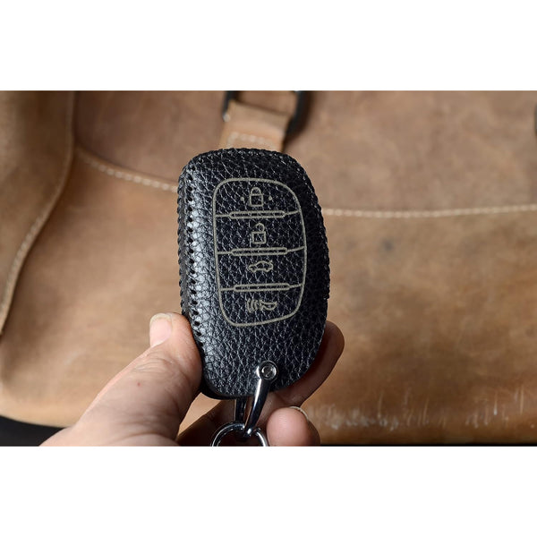 JVCV® Soft Handmade Lychee Pattern Leather Key Cover Compatible with Hyundai Alcazar Creta, i20 2021, Venue, Tucson, Elantra,i20 N Line 2021 4 Button Smart Key