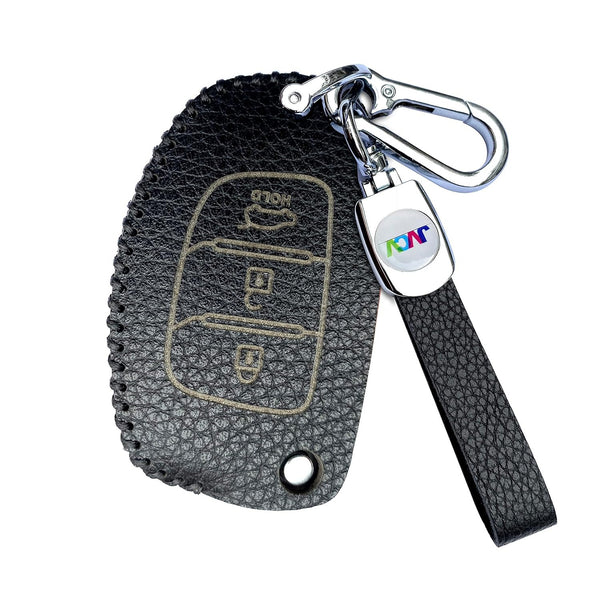 JVCV® Soft Handmade Lychee Pattern Leather Key Cover Compatible with Hyundai Creta Venue Aura Elite i20 Grand i10 Nios Xcent 3 Button Flip Key