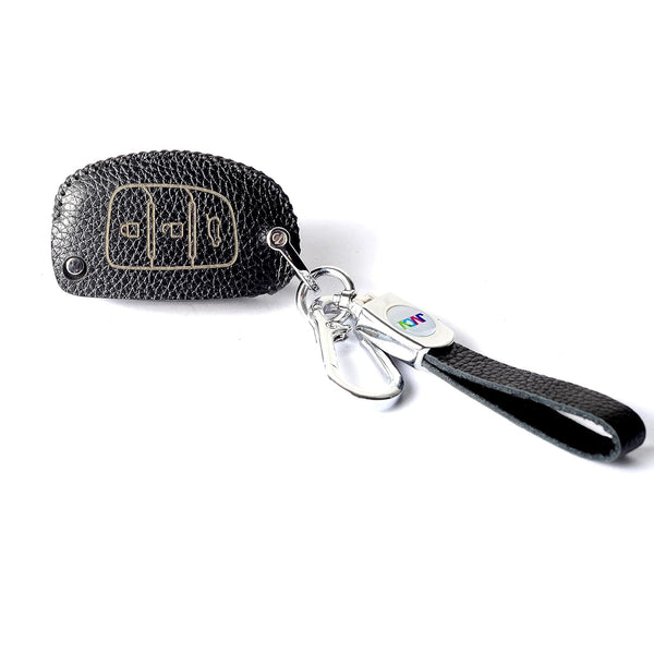 JVCV® Soft Handmade Lychee Pattern Leather Key Cover Compatible with Hyundai Creta Venue Aura Elite i20 Grand i10 Nios Xcent 3 Button Flip Key