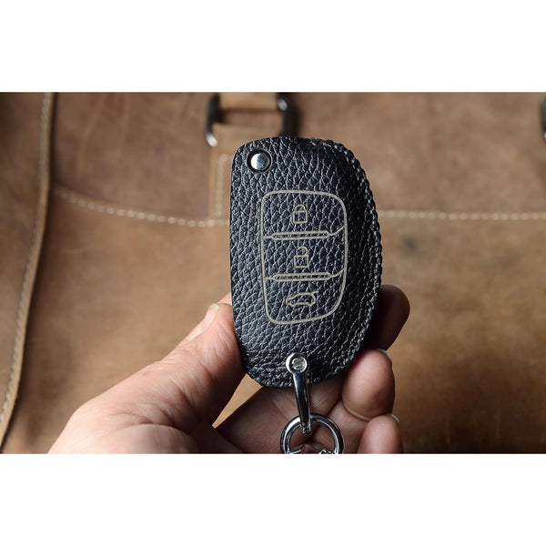 JVCV® Soft Handmade Lychee Pattern Leather Key Cover Compatible with Hyundai Creta Venue Aura Elite i20 Grand i10 Nios Xcent 3 Button Flip Key