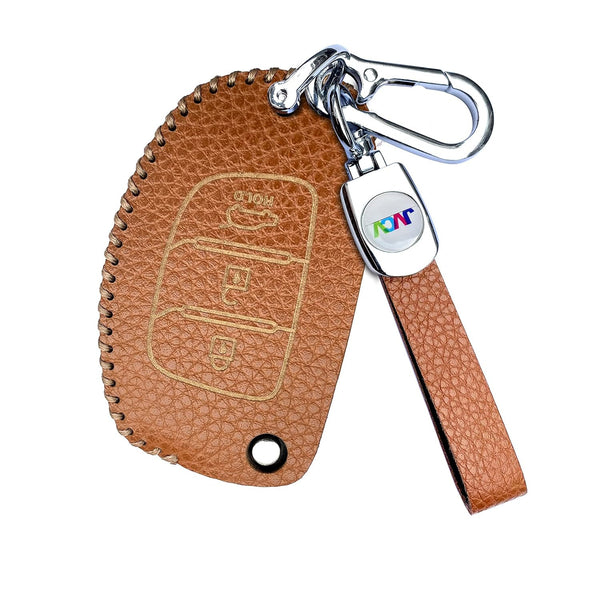 JVCV® Soft Handmade Lychee Pattern Leather Key Cover Compatible with Hyundai Creta Venue Aura Elite i20 Grand i10 Nios Xcent 3 Button Flip Key