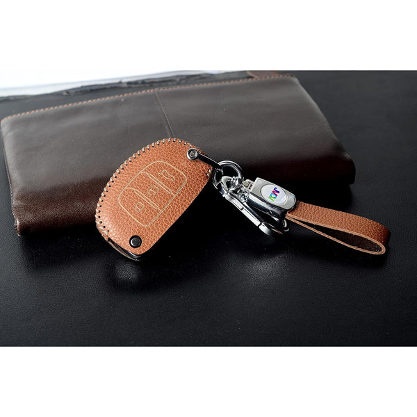 JVCV® Soft Handmade Lychee Pattern Leather Key Cover Compatible with Hyundai Creta Venue Aura Elite i20 Grand i10 Nios Xcent 3 Button Flip Key