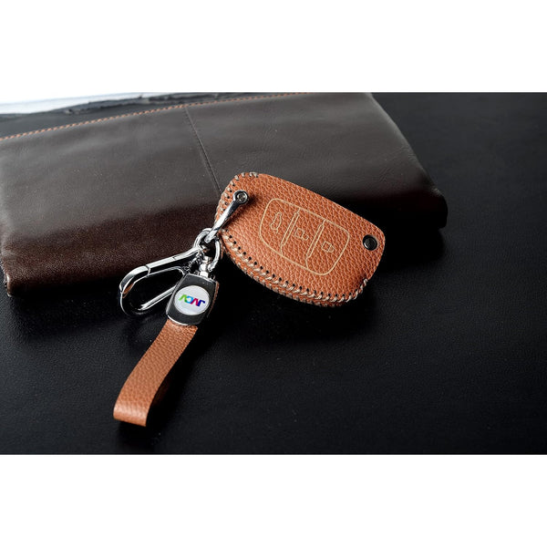 JVCV® Soft Handmade Lychee Pattern Leather Key Cover Compatible with Hyundai Creta Venue Aura Elite i20 Grand i10 Nios Xcent 3 Button Flip Key