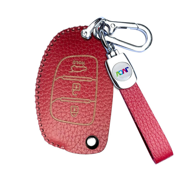 JVCV® Soft Handmade Lychee Pattern Leather Key Cover Compatible with Hyundai Creta Venue Aura Elite i20 Grand i10 Nios Xcent 3 Button Flip Key