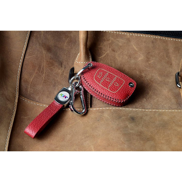 JVCV® Soft Handmade Lychee Pattern Leather Key Cover Compatible with Hyundai Creta Venue Aura Elite i20 Grand i10 Nios Xcent 3 Button Flip Key