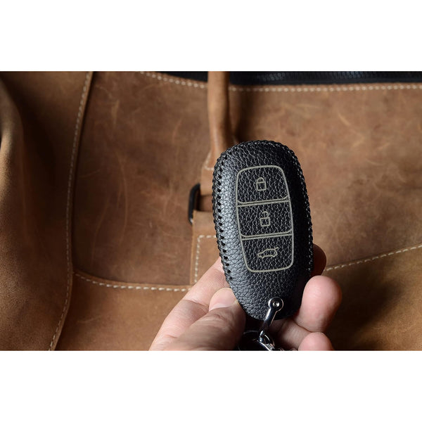 JVCV® Soft Handmade Lychee Pattern Leather Key Cover Compatible with Hyundai New Verna 3 Button Smart Key