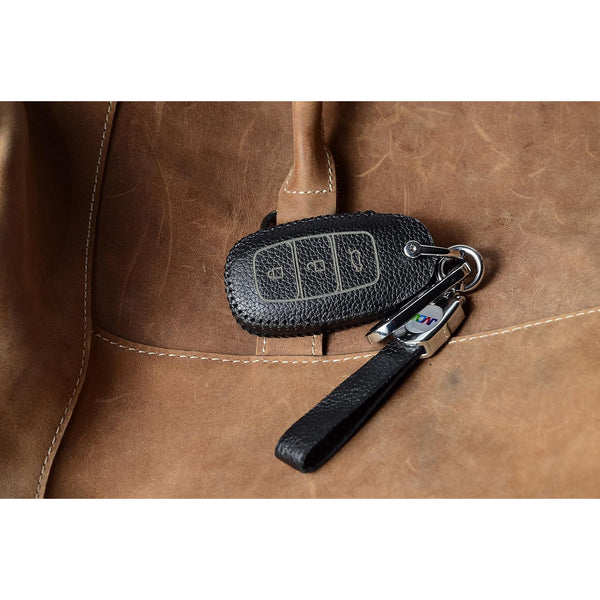 JVCV® Soft Handmade Lychee Pattern Leather Key Cover Compatible with Hyundai New Verna 3 Button Smart Key